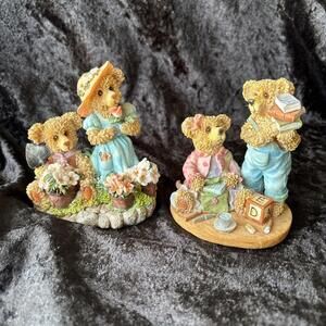 2 Vintage K's Collection Retired Resin Bear Figures Brother Sister Garden Books